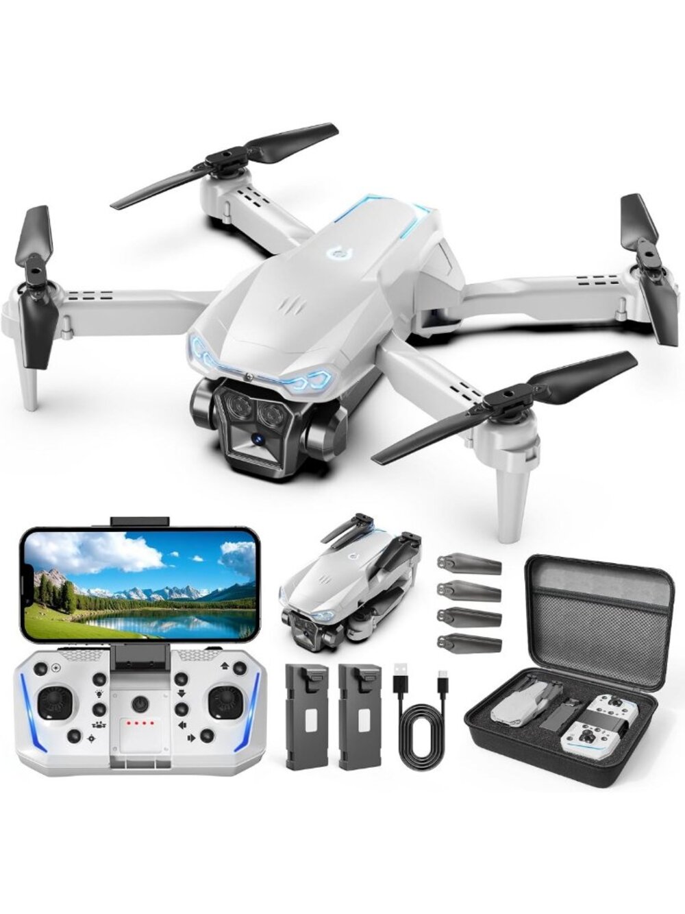 1080P Foldable Drone with Camera, FPV Quadcopter, Gesture Control, 2 Batteries